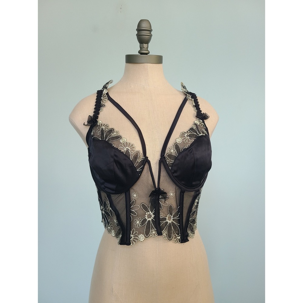 For Love and‎ Lemons Sz 38B Bustier Corset Top Daisies Embroidery Black Bows